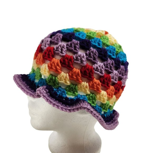Bucket Hat multicolor granny handknit bright colorful rainbow - Picture 2 of 7
